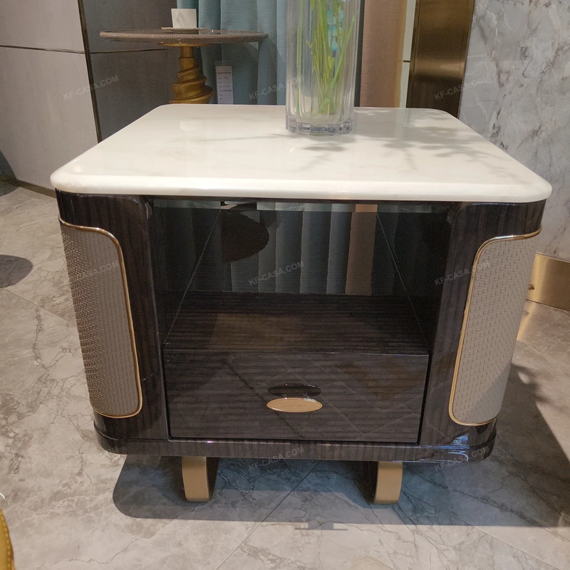 Curved Marble-Top SideTable with Woven Leather Sides, Open Shelf and Single Drawer